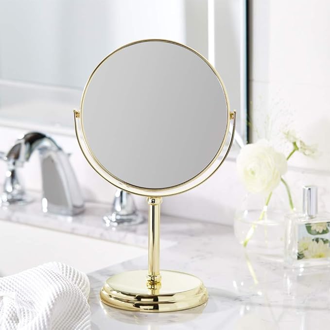 Luxury Metal Base High-Definition Makeup Mirror – Round 360° Rotating Vanity Mirror – Elegant Tabletop Cosmetic Mirror