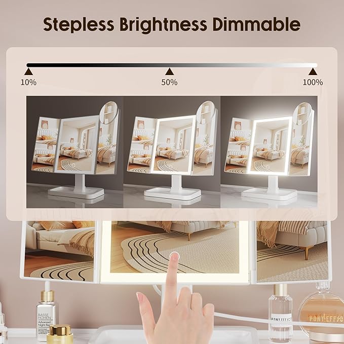 Adjustable Foldable Trifold LED Makeup Mirror – Touch Dimming Vanity Mirror with 2X 3X 10X Magnification and Storage Base