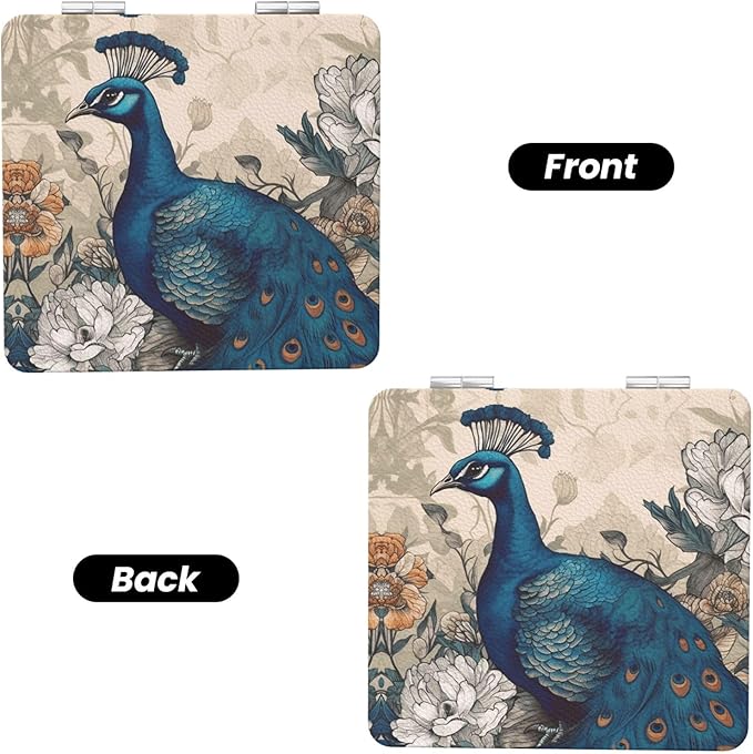 Peacock Floral Printed Folding Portable Makeup Mirror – Compact Double-Sided Travel Vanity Mirror