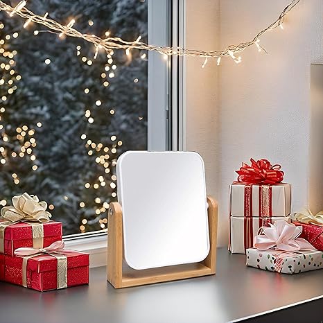 Adjustable Bamboo Base Makeup Mirror – HD Portable Vanity Mirror for Bathroom and Bedroom