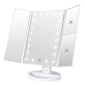 Tri-Fold LED Makeup Mirror – High-Definition Vanity Mirror with 2X & 3X Magnification, Touch Dimming Light, 180° Rotating Desktop Mirror