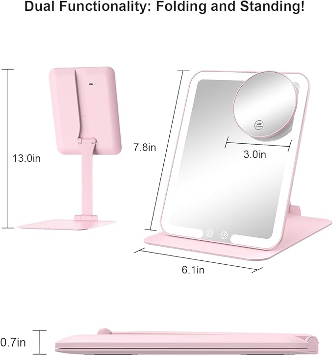 Pink Foldable LED Makeup Mirror with 3X Magnifying Mirror – Touch Dimming Portable Vanity Mirror for Travel and Desktop