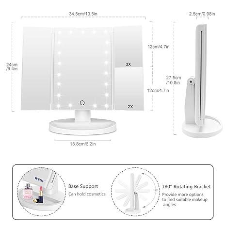 Tri-Fold LED Makeup Mirror – High-Definition Vanity Mirror with 2X & 3X Magnification, Touch Dimming Light, 180° Rotating Desktop Mirror