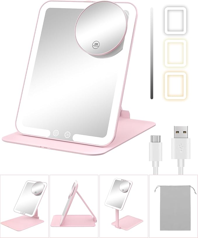 Pink Foldable LED Makeup Mirror with 3X Magnifying Mirror – Touch Dimming Portable Vanity Mirror for Travel and Desktop
