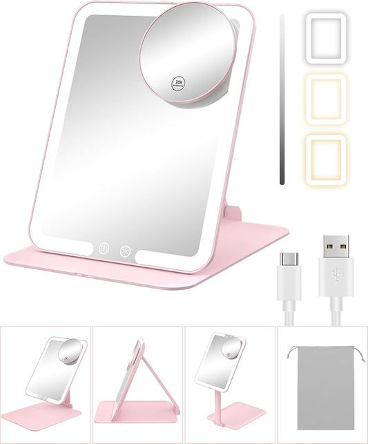 Pink Foldable LED Makeup Mirror with 3X Magnifying Mirror – Touch Dimming Portable Vanity Mirror for Travel and Desktop
