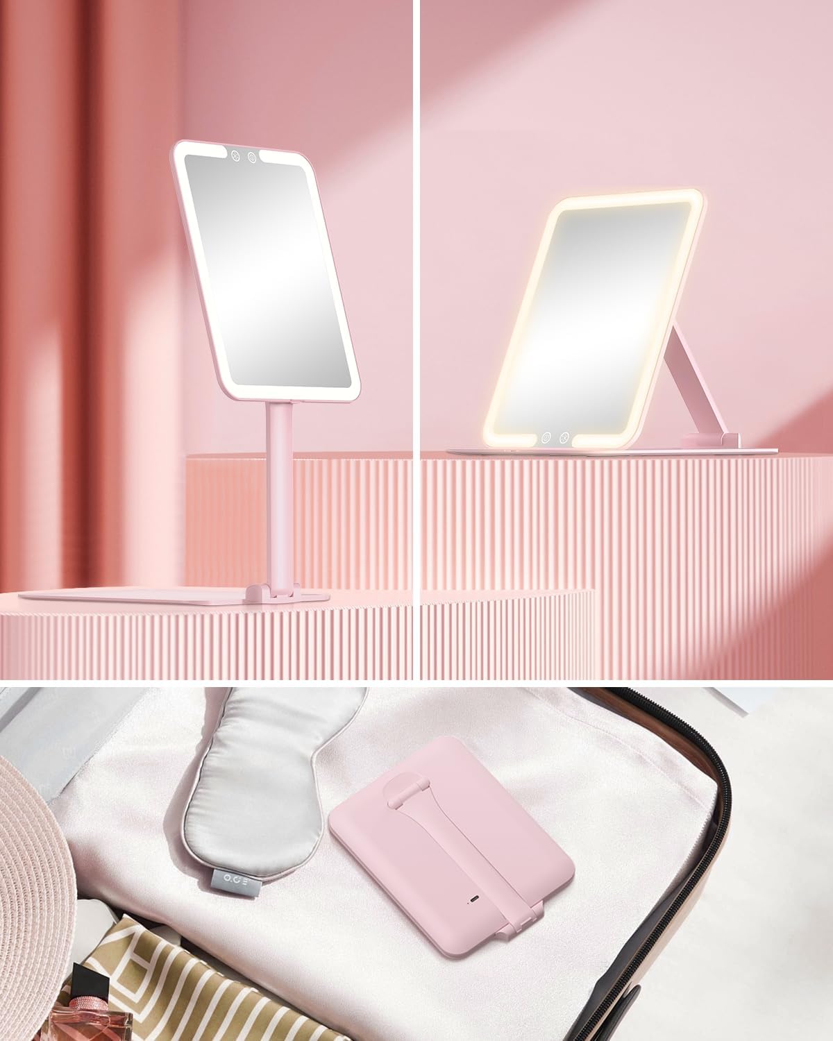 Pink Foldable LED Makeup Mirror with 3X Magnifying Mirror – Touch Dimming Portable Vanity Mirror for Travel and Desktop