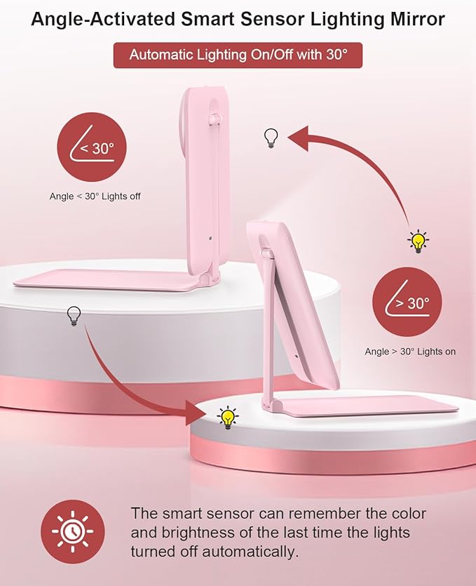 Pink Foldable LED Makeup Mirror with 3X Magnifying Mirror – Touch Dimming Portable Vanity Mirror for Travel and Desktop