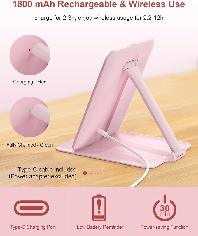 Pink Foldable LED Makeup Mirror with 3X Magnifying Mirror – Touch Dimming Portable Vanity Mirror for Travel and Desktop