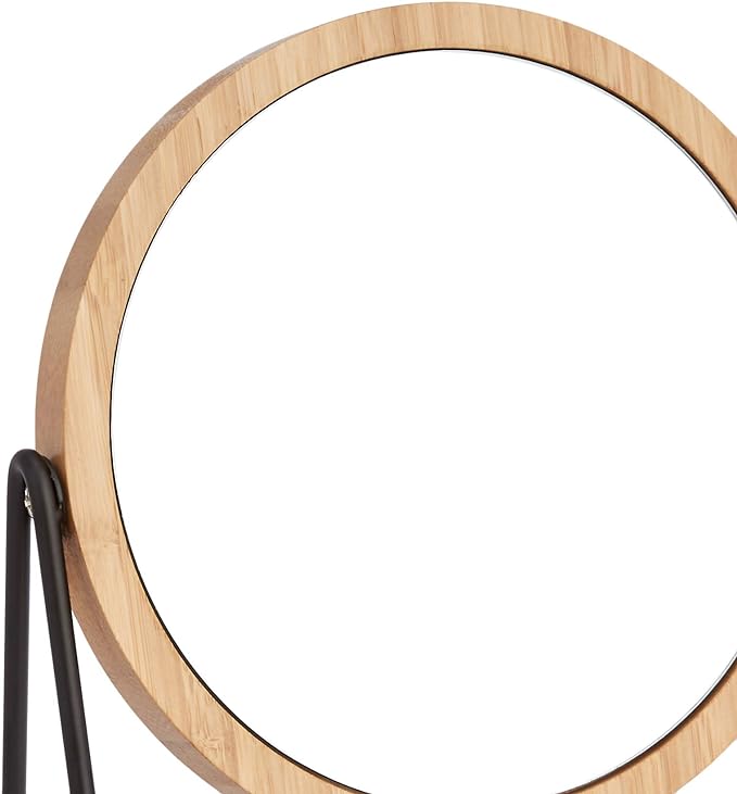 Minimalist Bamboo Round Makeup Mirror – Desktop Double-Sided Vanity Mirror with Metal Stand – Portable for Home Use