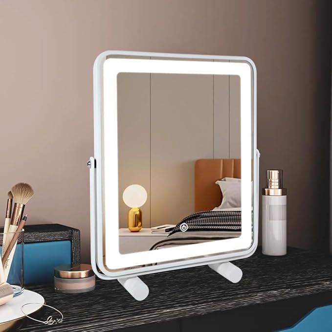 Large LED Makeup Mirror – Foldable Adjustable Angle Vanity Mirror with Touch Dimming and Wide High-Definition Glass