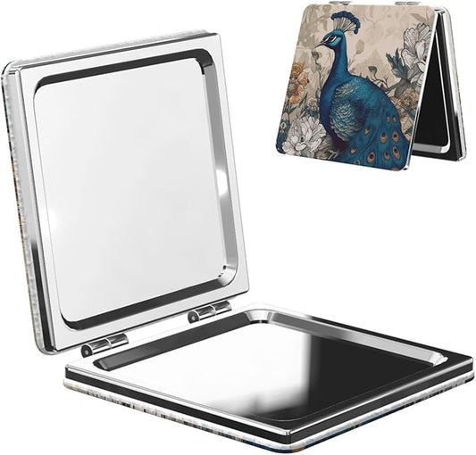 Peacock Floral Printed Folding Portable Makeup Mirror – Compact Double-Sided Travel Vanity Mirror