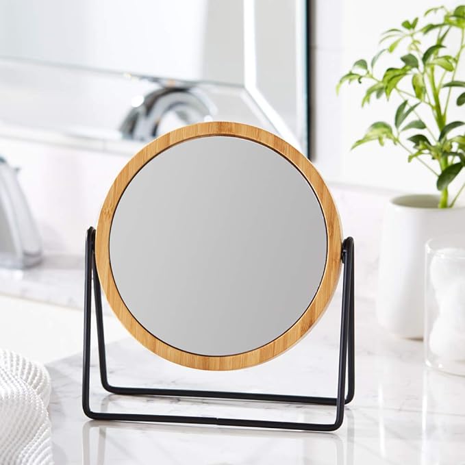 Minimalist Bamboo Round Makeup Mirror – Desktop Double-Sided Vanity Mirror with Metal Stand – Portable for Home Use