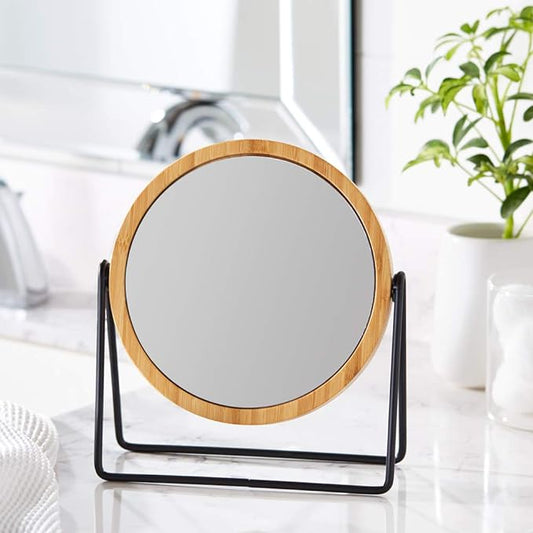 Minimalist Bamboo Round Makeup Mirror – Desktop Double-Sided Vanity Mirror with Metal Stand – Portable for Home Use