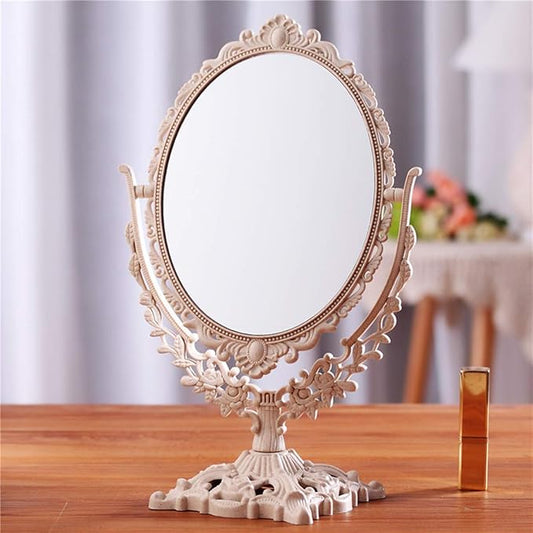 Vintage Carved 360° Rotating Oval Makeup Mirror – European Style HD Desktop Vanity Mirror