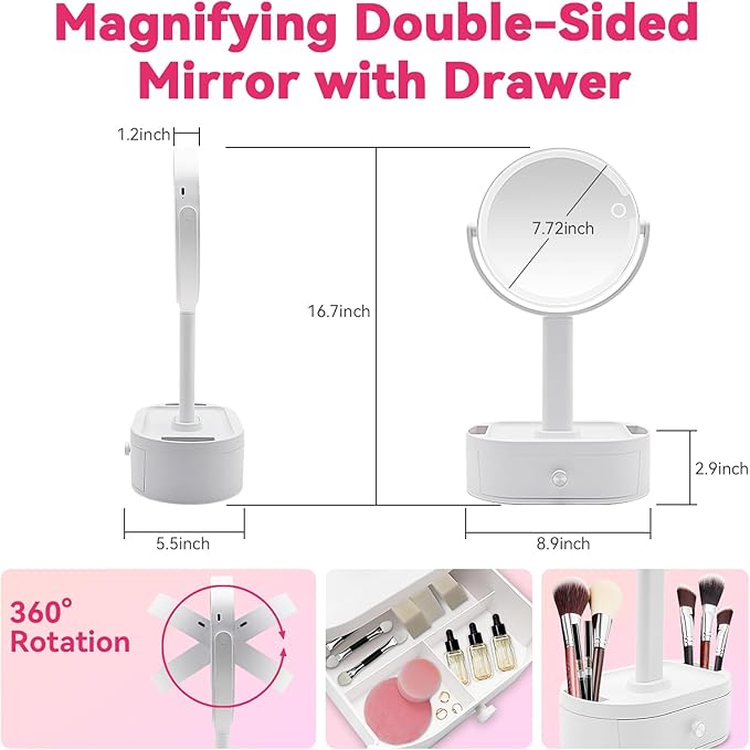 Double-Sided Magnifying Makeup Mirror with Drawer – 360° Rotating HD Vanity Mirror with Storage Base