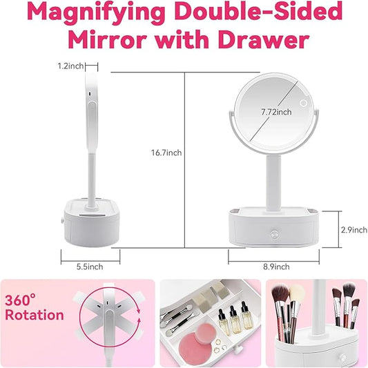 Double-Sided Magnifying Makeup Mirror with Drawer – 360° Rotating HD Vanity Mirror with Storage Base