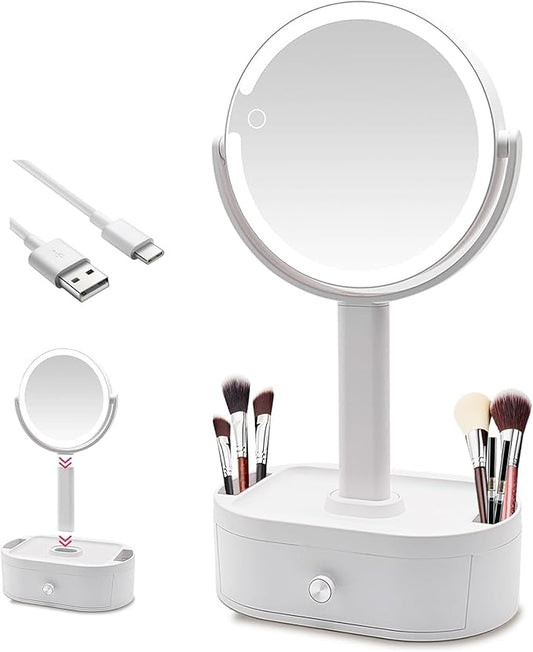 Double-Sided Magnifying Makeup Mirror with Drawer – 360° Rotating HD Vanity Mirror with Storage Base