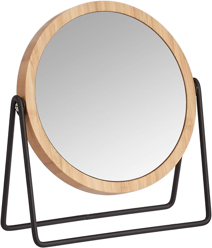 Minimalist Bamboo Round Makeup Mirror – Desktop Double-Sided Vanity Mirror with Metal Stand – Portable for Home Use