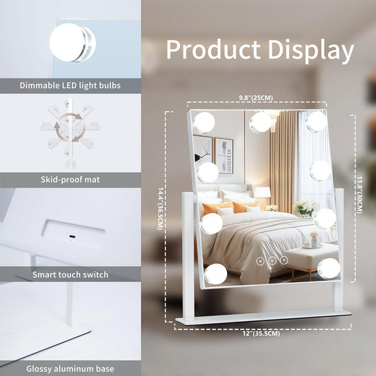 LED Light Makeup Mirror – Large Tabletop Vanity Mirror with Touch Dimming Control – High-Definition Cosmetic Mirror with Non-Slip Base