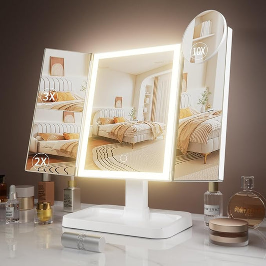 Adjustable Foldable Trifold LED Makeup Mirror – Touch Dimming Vanity Mirror with 2X 3X 10X Magnification and Storage Base