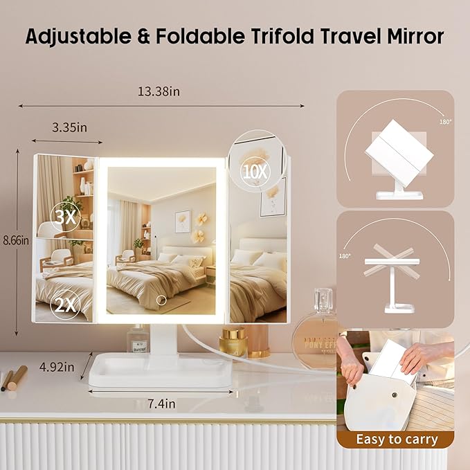 Adjustable Foldable Trifold LED Makeup Mirror – Touch Dimming Vanity Mirror with 2X 3X 10X Magnification and Storage Base