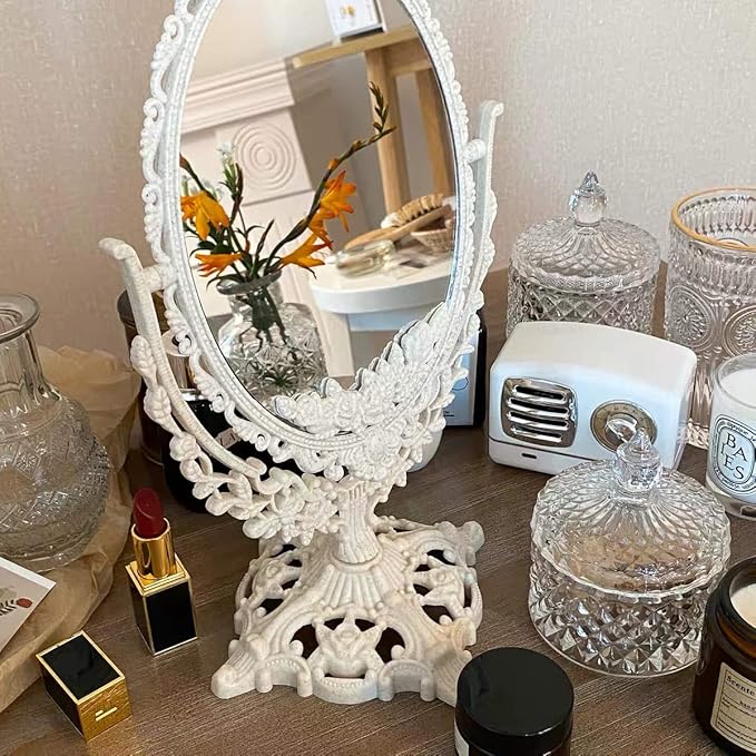 Vintage Carved 360° Rotating Oval Makeup Mirror – European Style HD Desktop Vanity Mirror