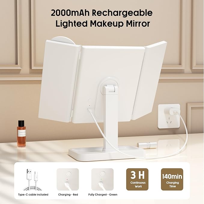 Adjustable Foldable Trifold LED Makeup Mirror – Touch Dimming Vanity Mirror with 2X 3X 10X Magnification and Storage Base