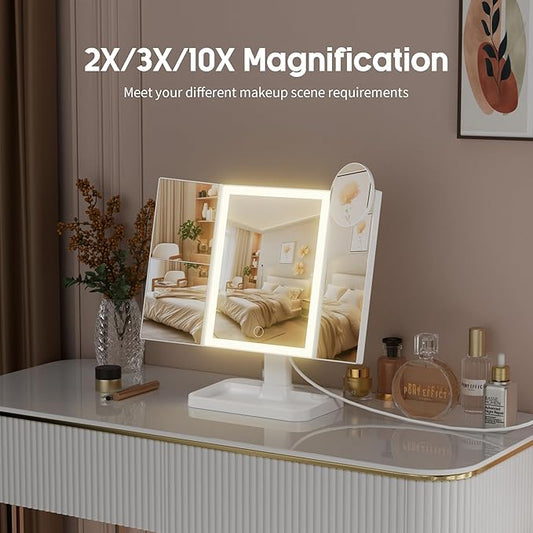 Adjustable Foldable Trifold LED Makeup Mirror – Touch Dimming Vanity Mirror with 2X 3X 10X Magnification and Storage Base