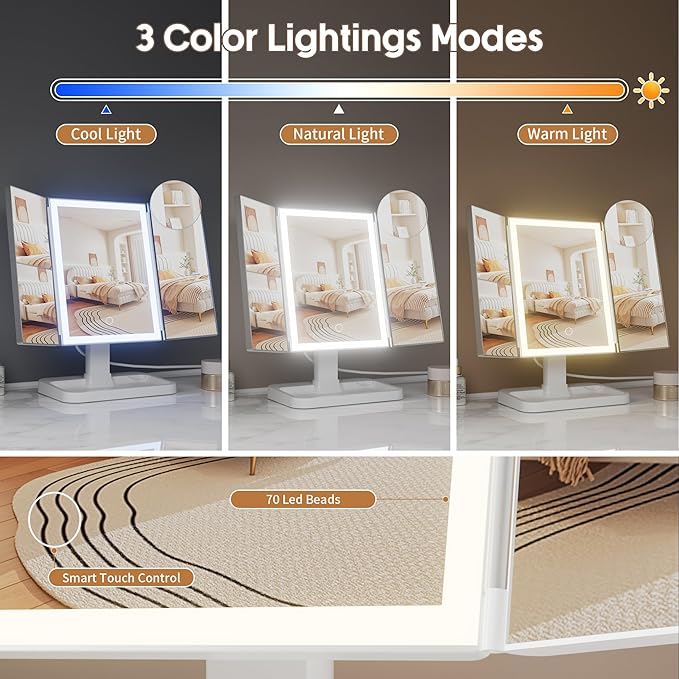 Adjustable Foldable Trifold LED Makeup Mirror – Touch Dimming Vanity Mirror with 2X 3X 10X Magnification and Storage Base